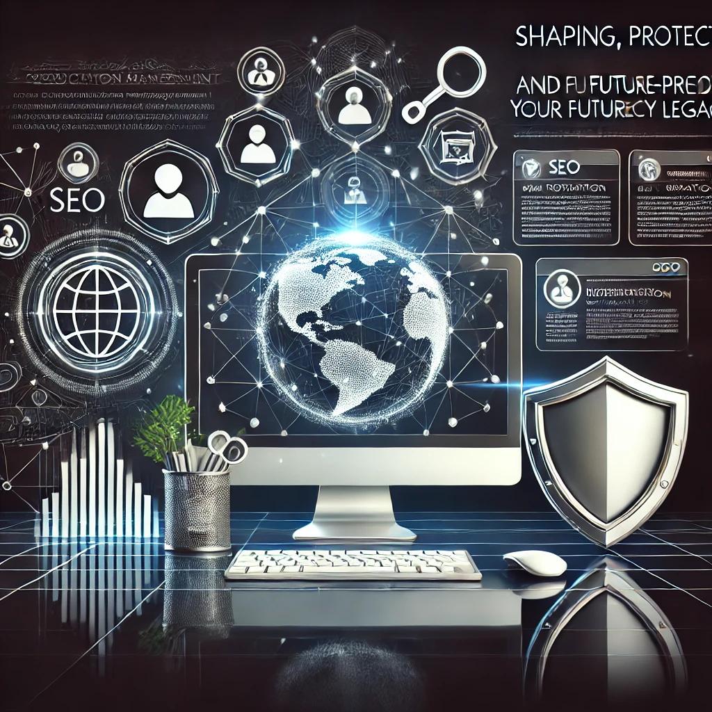 Illustration of Online Perception Management services featuring a digital workspace with search engine results, social media profiles, and reputation protection tools.