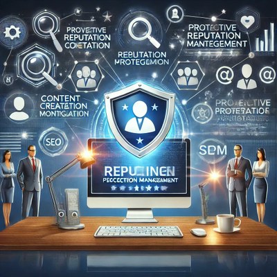 Illustration of Online Perception Management services showcasing a digital workspace with SEO analytics, social media dashboards, content creation, and reputation monitoring tools, surrounded by a glowing shield symbolizing proactive reputation protection.