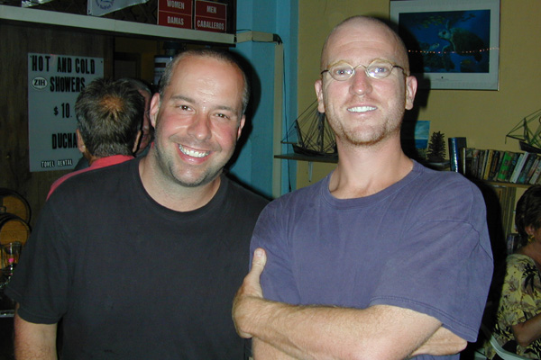 This is the only known image of Mark Harrison without his red Victorian romantic hair, and also me -- and I have no hair because I want to be like Mark.
